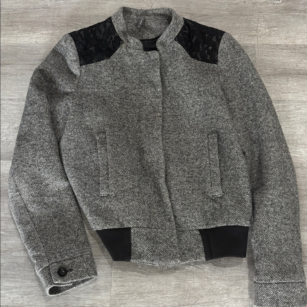 NAF NAF Gray Wool Blend Bomber Jacket Black Lace Size 38 Vintage Paris (US-6-M)